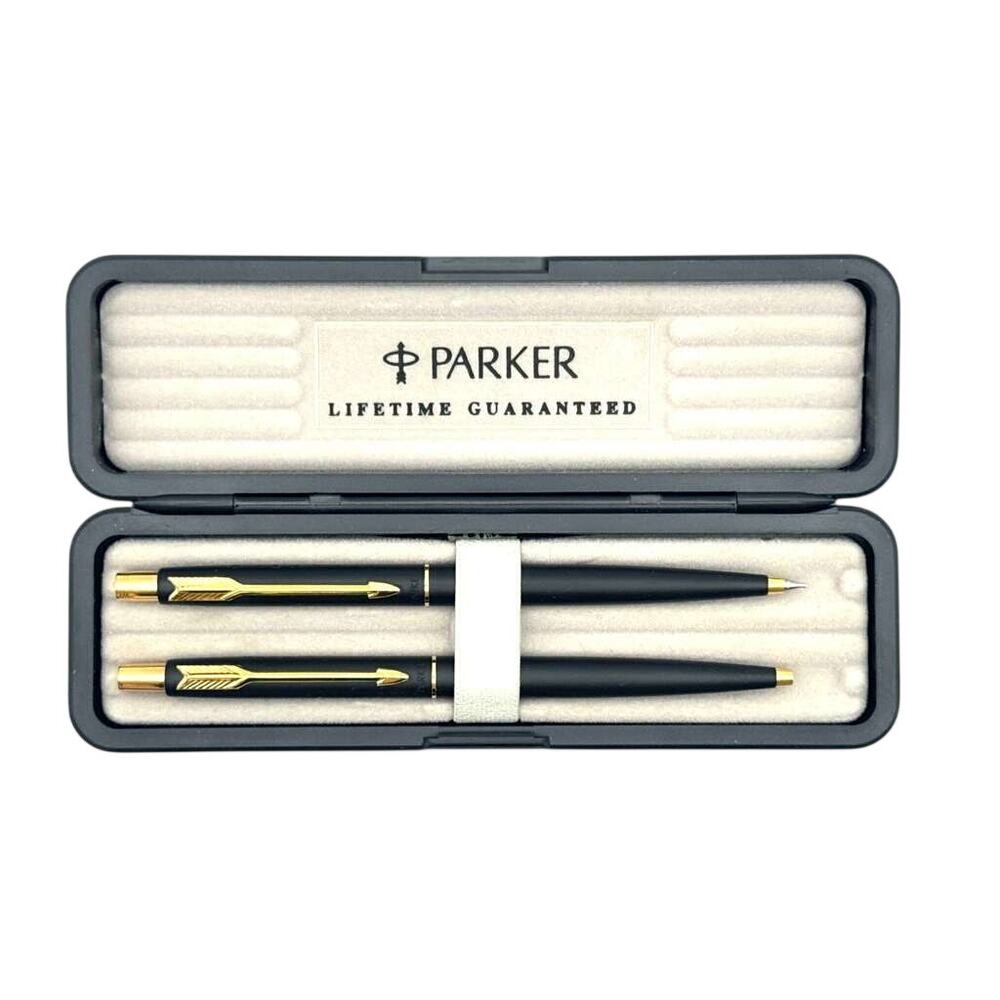 Vintage Parker Engraved Black Gold Tone Ballpoint Pen Mechanical Pencil Set Case
